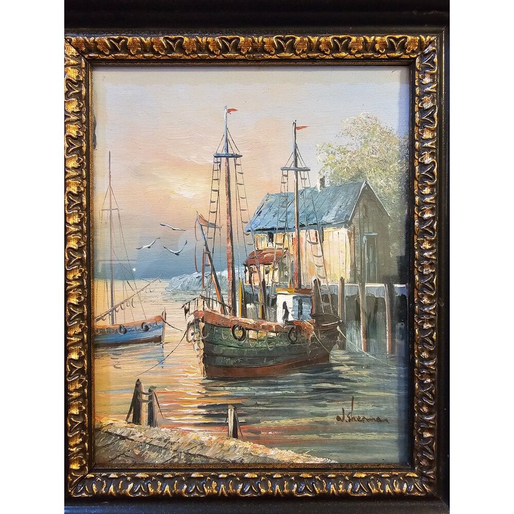 Vintage Mid Century W. Sherman Framed Oil Painting – Harbor Sunset Seascape - Picture 2 of 4